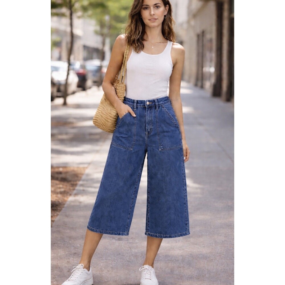 Anthropologie Meave Gaucho Pants Denim Skirty Hi Rise Crop Wide Leg Jeans Sz 28